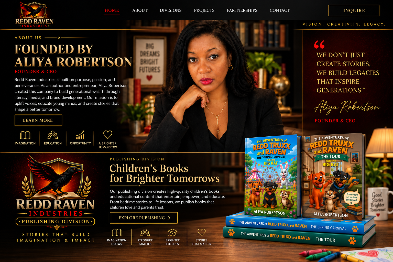 Redd Raven Industries homepage featuring founder Aliya Robertson and Redd Raven Publishing Division.