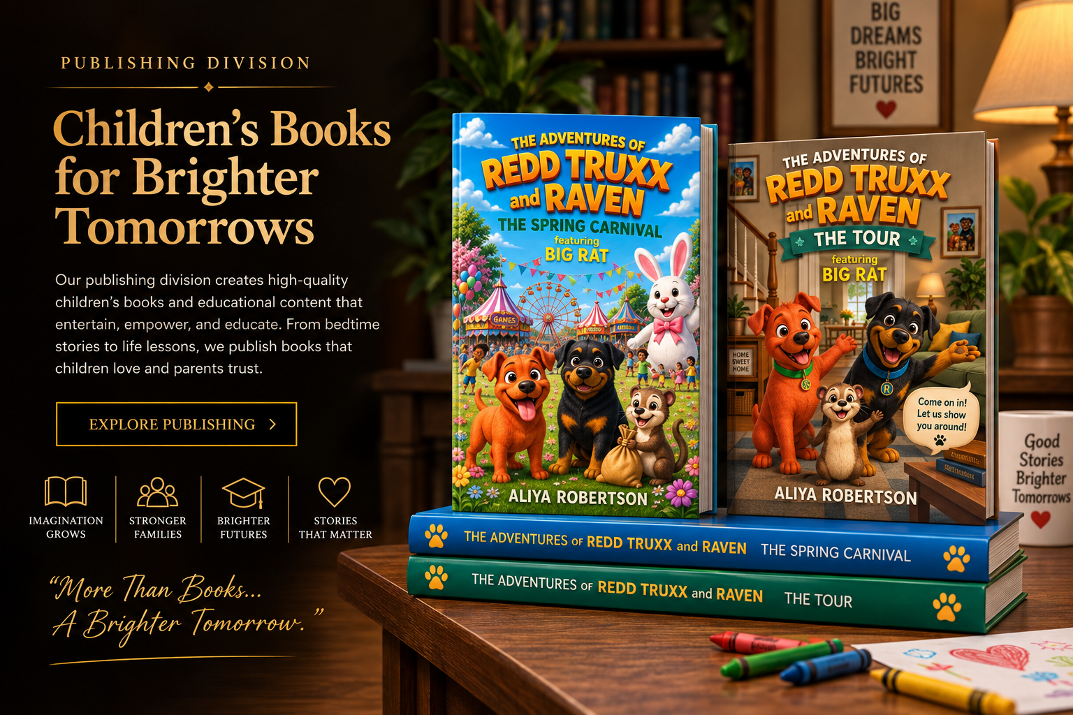 Redd Raven Industries Publishing Division — Children's Books for Brighter Tomorrows, featuring The Spring Carnival and The Tour.